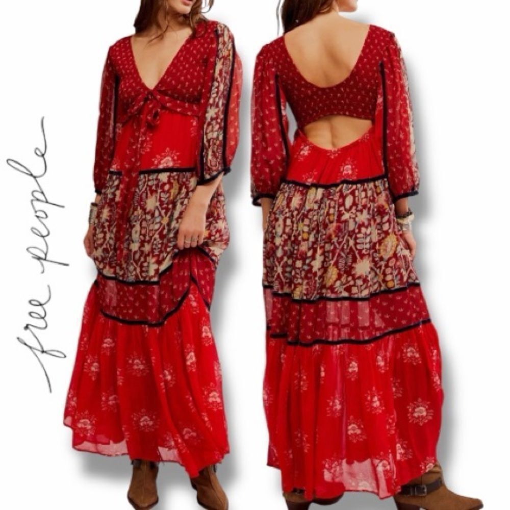 Free People Bali Laurel Maxi Dress in the Size Large in Red Combo